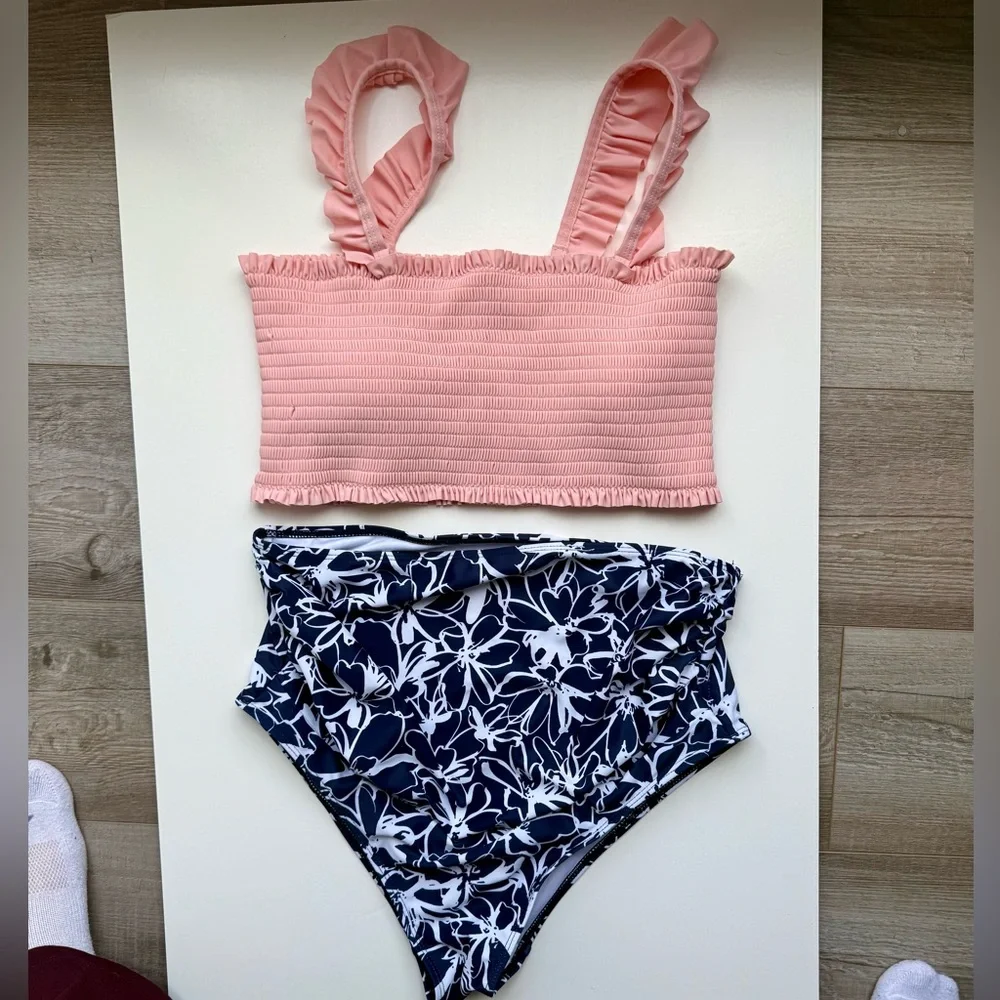 Maternity Pink Ruffle Navy Blue Floral Bikini Swimsuit Set High Waist, Size M - Picture 2 of 7